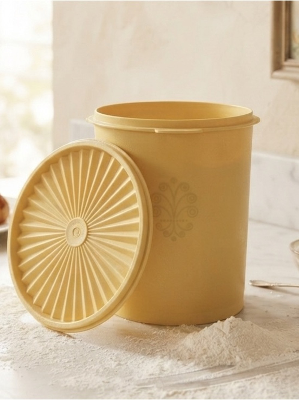 Vintage 1970 Tupperware Small Golden Yellow Canister + Sunburst Lid